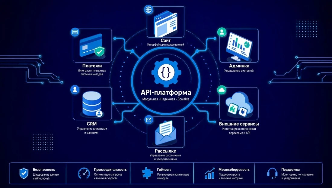 Разработка платформы с API: сайт, админка, платежи, CRM и внешние сервисы
